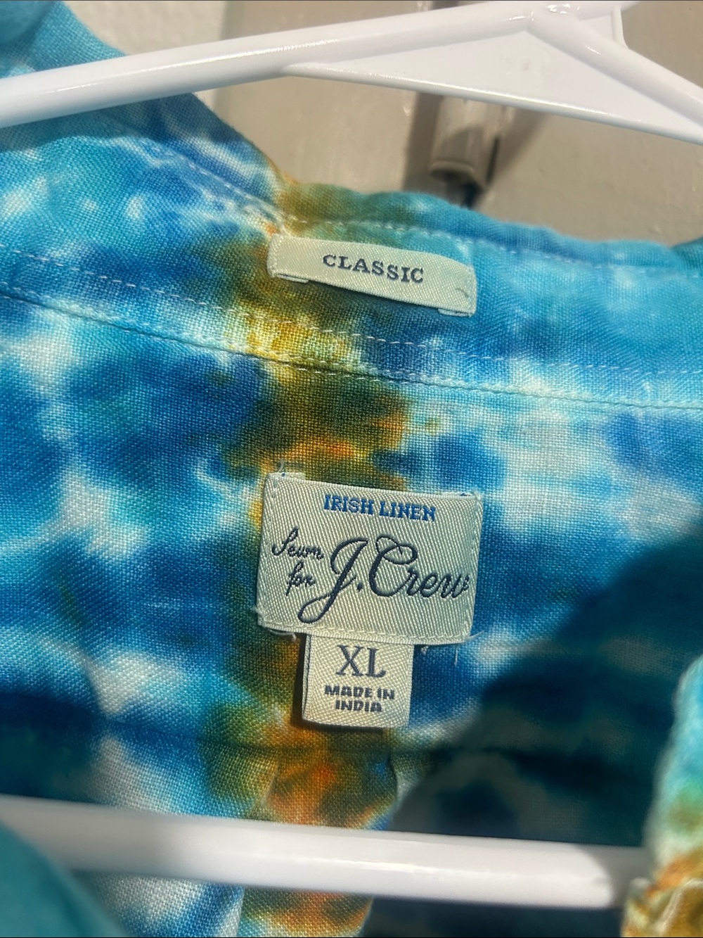 J. Crew Men's Tie-Dye Linen Shirt in Blue and Turquoise with Gold Accent